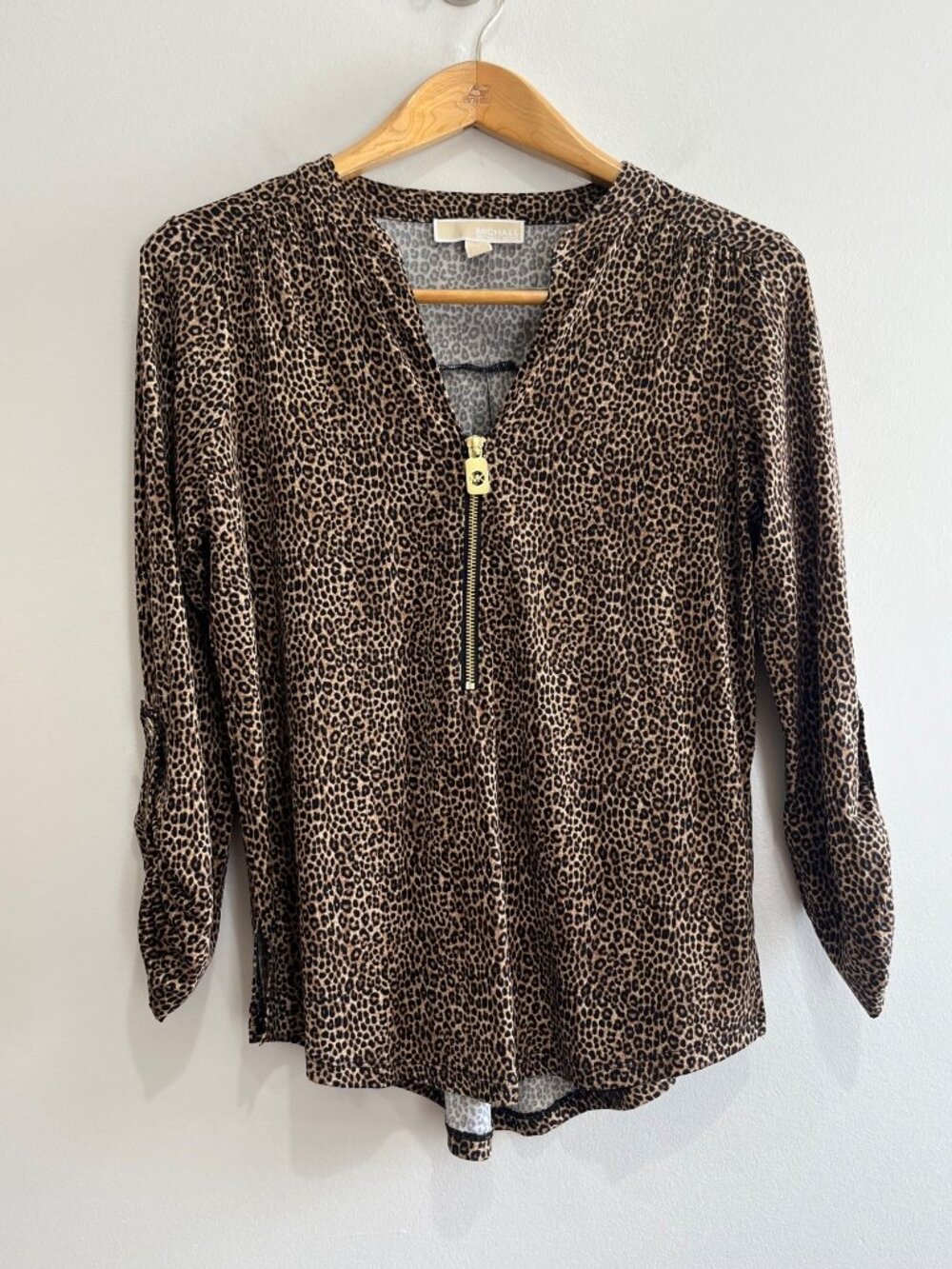 Michael Kors Leopard Print Tunic Blouse Womens S Zip Up Roll Tap Sleeve